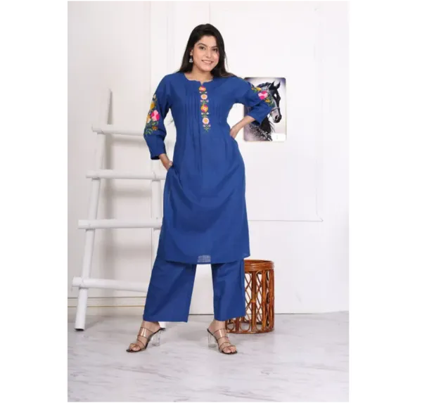 Bisesh Creation Blue Handwoven Embroidery Kurti Pant Set For Women